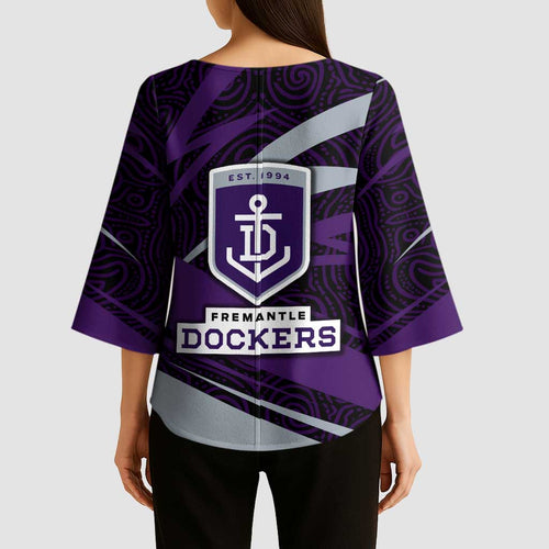 Fremantle Dockers Australian Football Kimono Sleeve Blouse Athletic Hero Mascot With Indigenous Pattern Art