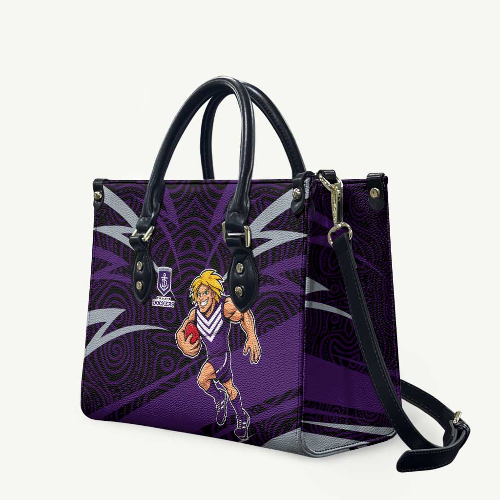 Fremantle Dockers Australian Football Leather Bag Athletic Hero Mascot With Indigenous Pattern Art
