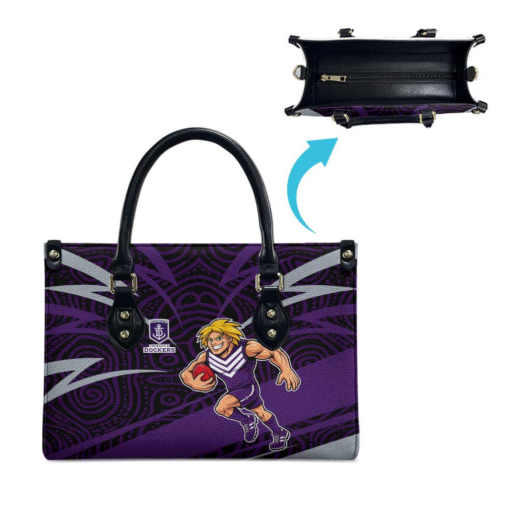 Fremantle Dockers Australian Football Leather Bag Athletic Hero Mascot With Indigenous Pattern Art