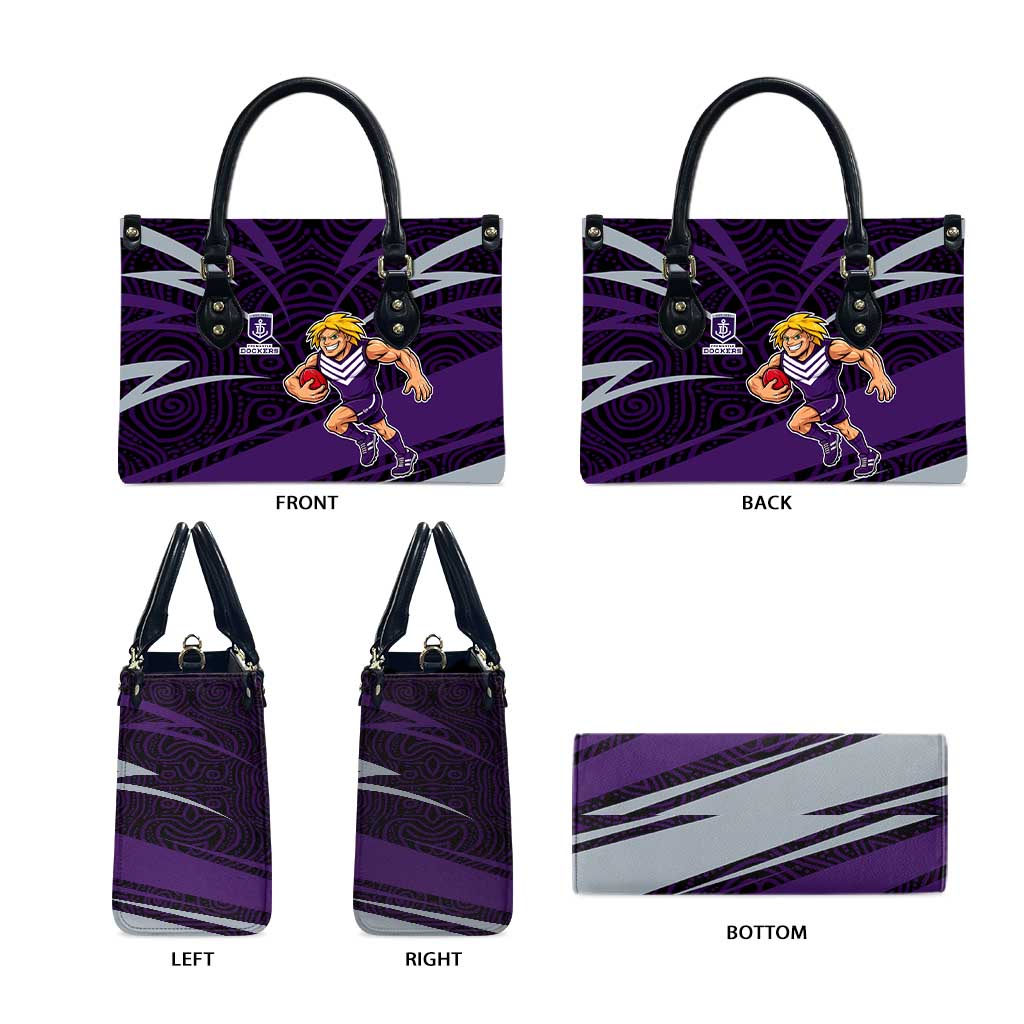 Fremantle Dockers Australian Football Leather Bag Athletic Hero Mascot With Indigenous Pattern Art