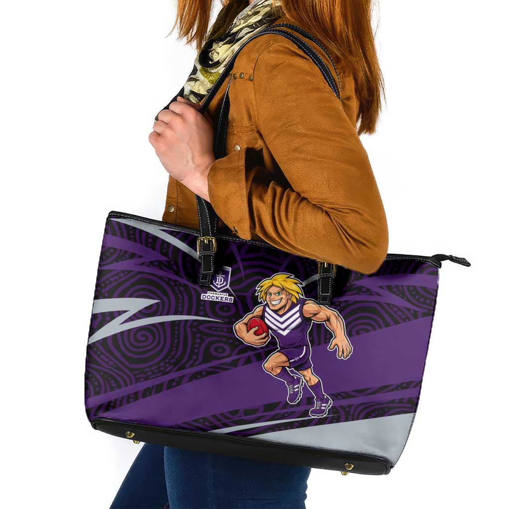 Fremantle Dockers Australian Football Leather Tote Bag Athletic Hero Mascot With Indigenous Pattern Art