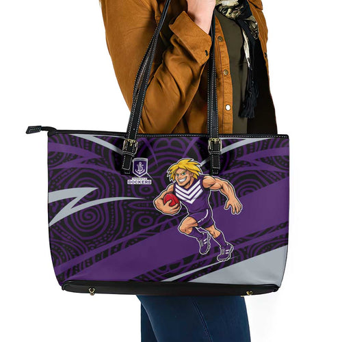Fremantle Dockers Australian Football Leather Tote Bag Athletic Hero Mascot With Indigenous Pattern Art
