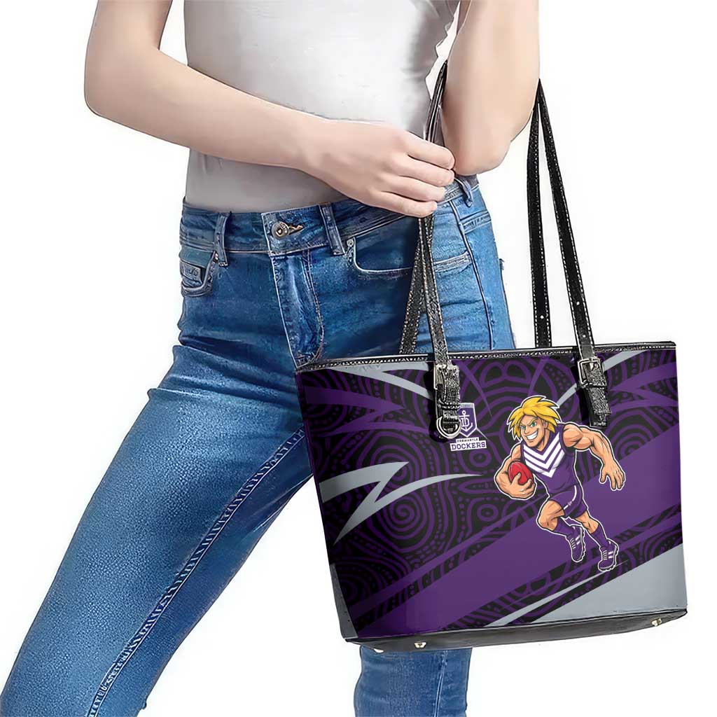 Fremantle Dockers Australian Football Leather Tote Bag Athletic Hero Mascot With Indigenous Pattern Art