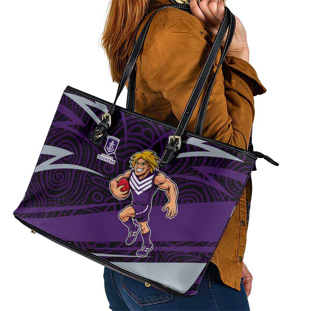 Fremantle Dockers Australian Football Leather Tote Bag Athletic Hero Mascot With Indigenous Pattern Art