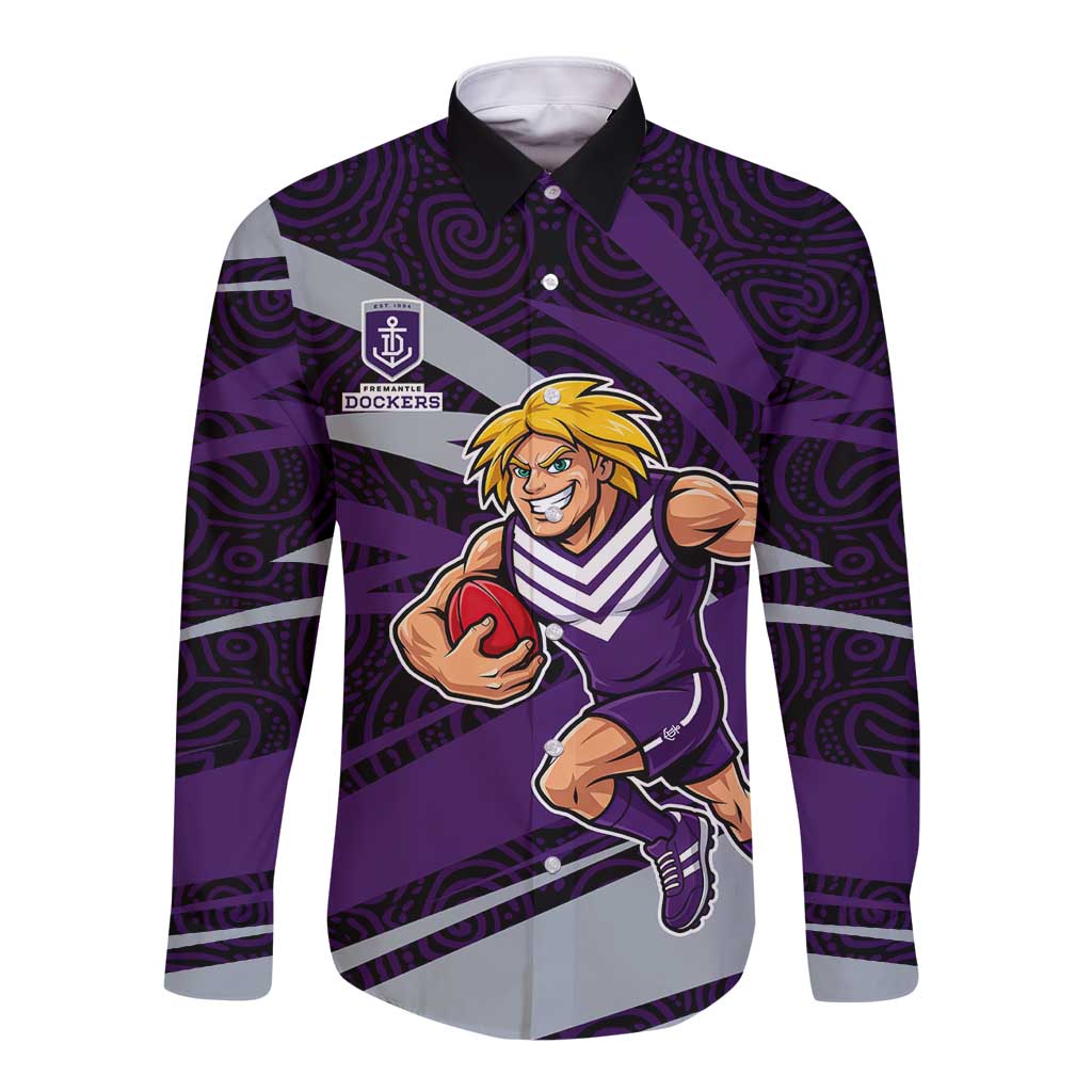 Fremantle Dockers Australian Football Long Sleeve Button Shirt Athletic Hero Mascot With Indigenous Pattern Art