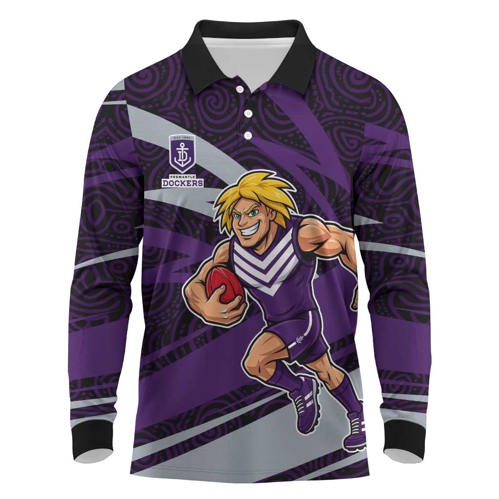 Fremantle Dockers Australian Football Long Sleeve Polo Shirt Athletic Hero Mascot With Indigenous Pattern Art