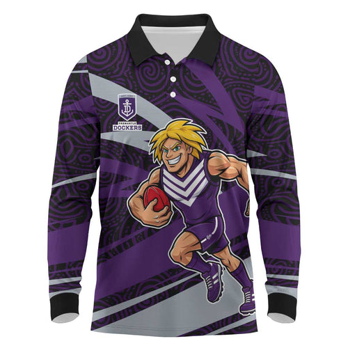 Fremantle Dockers Australian Football Long Sleeve Polo Shirt Athletic Hero Mascot With Indigenous Pattern Art