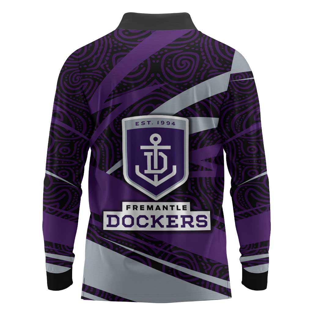 Fremantle Dockers Australian Football Long Sleeve Polo Shirt Athletic Hero Mascot With Indigenous Pattern Art