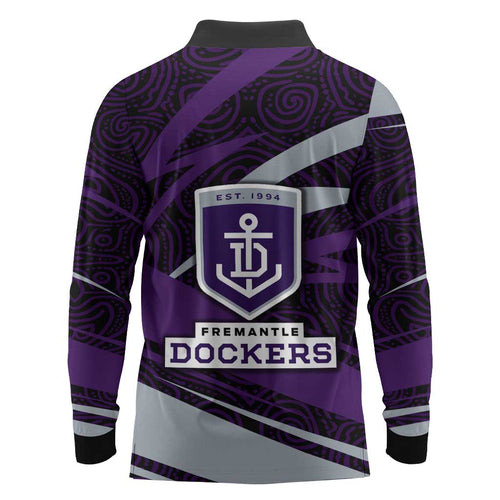 Fremantle Dockers Australian Football Long Sleeve Polo Shirt Athletic Hero Mascot With Indigenous Pattern Art