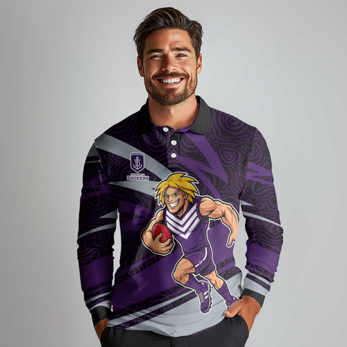 Fremantle Dockers Australian Football Long Sleeve Polo Shirt Athletic Hero Mascot With Indigenous Pattern Art
