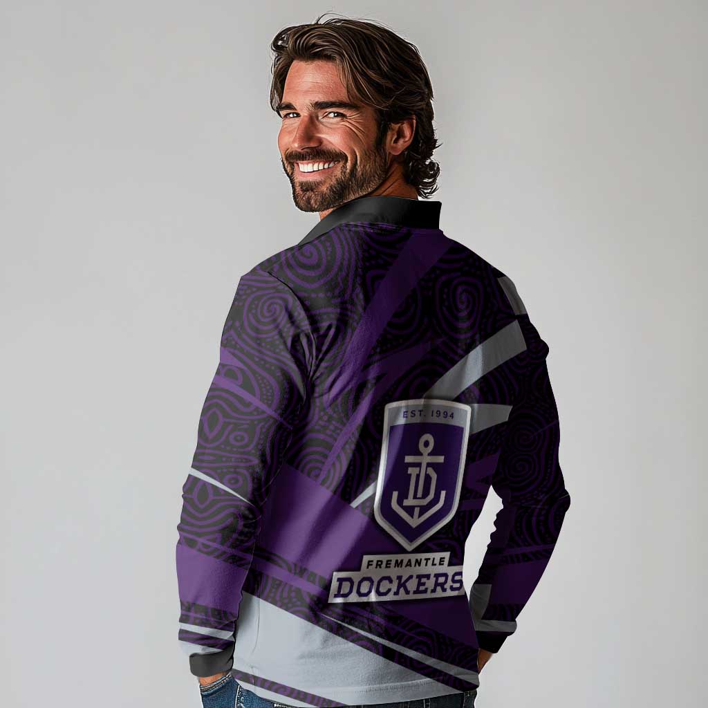 Fremantle Dockers Australian Football Long Sleeve Polo Shirt Athletic Hero Mascot With Indigenous Pattern Art