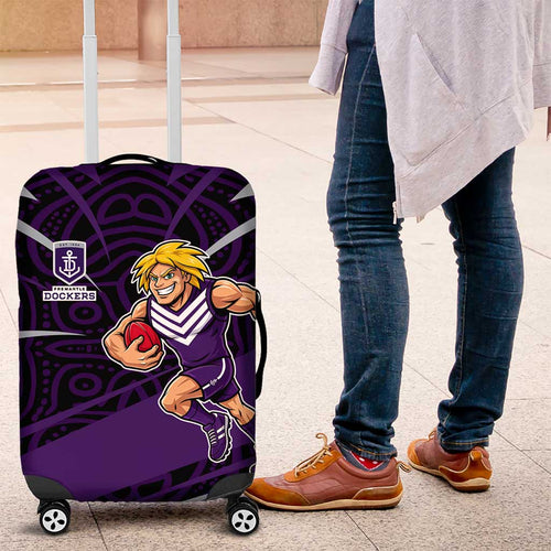 Fremantle Dockers Australian Football Luggage Cover Athletic Hero Mascot With Indigenous Pattern Art