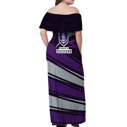 Fremantle Dockers Australian Football Off Shoulder Maxi Dress Athletic Hero Mascot With Indigenous Pattern Art