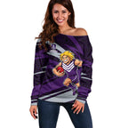 Fremantle Dockers Australian Football Off Shoulder Sweater Athletic Hero Mascot With Indigenous Pattern Art