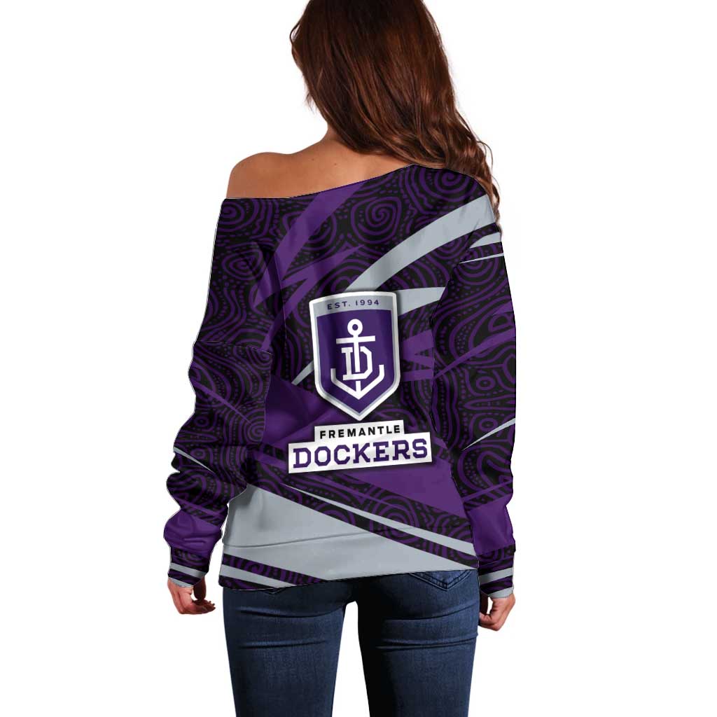 Fremantle Dockers Australian Football Off Shoulder Sweater Athletic Hero Mascot With Indigenous Pattern Art