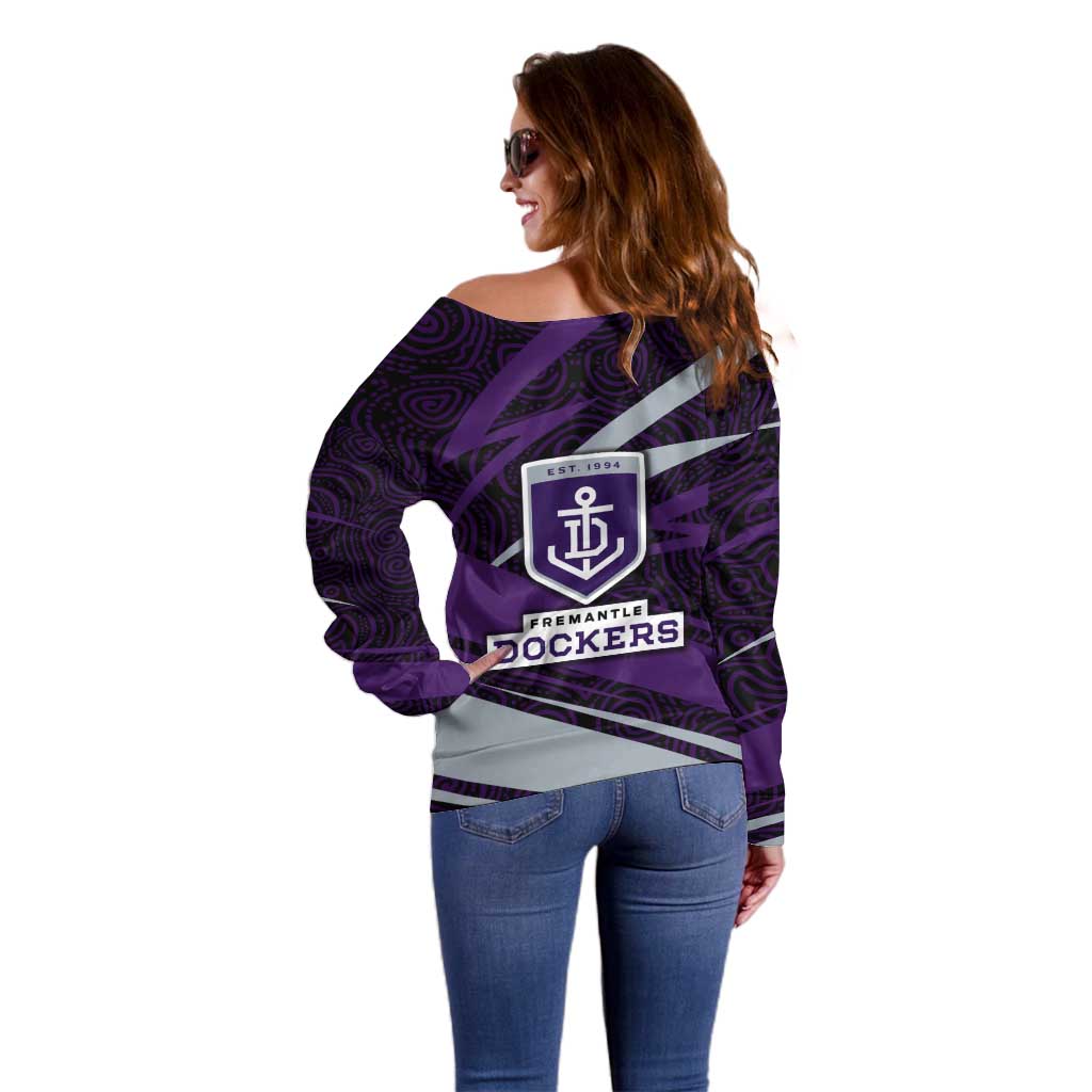 Fremantle Dockers Australian Football Off Shoulder Sweater Athletic Hero Mascot With Indigenous Pattern Art