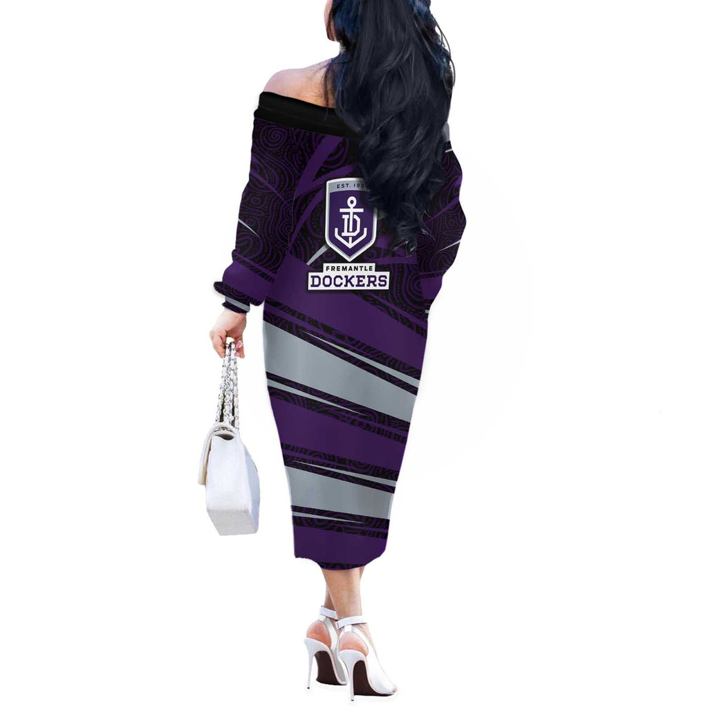 Fremantle Dockers Australian Football Off The Shoulder Long Sleeve Dress Athletic Hero Mascot With Indigenous Pattern Art