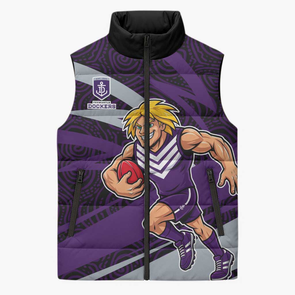 Fremantle Dockers Australian Football Sleeveless Puffer Jacket Athletic Hero Mascot With Indigenous Pattern Art