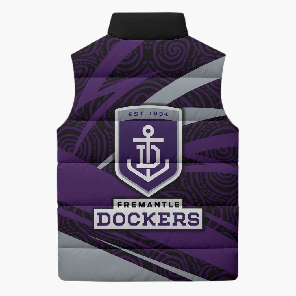 Fremantle Dockers Australian Football Sleeveless Puffer Jacket Athletic Hero Mascot With Indigenous Pattern Art
