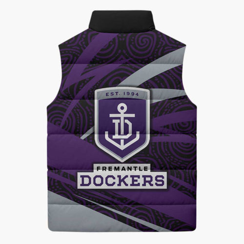 Fremantle Dockers Australian Football Sleeveless Puffer Jacket Athletic Hero Mascot With Indigenous Pattern Art