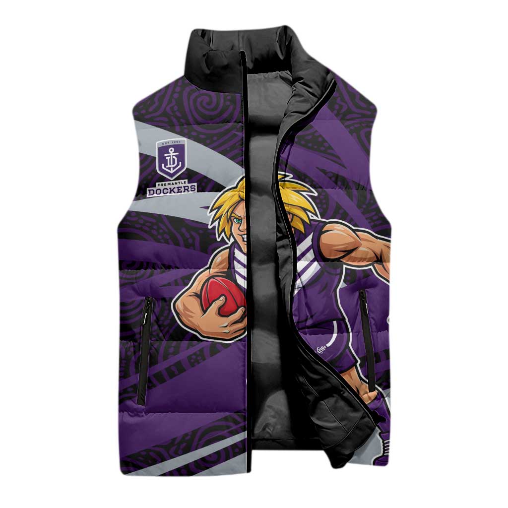 Fremantle Dockers Australian Football Sleeveless Puffer Jacket Athletic Hero Mascot With Indigenous Pattern Art