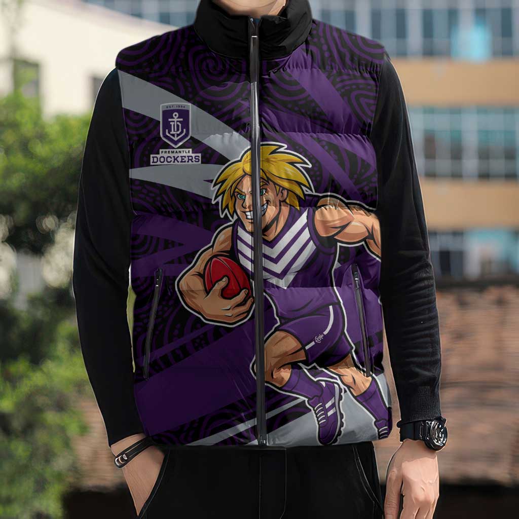 Fremantle Dockers Australian Football Sleeveless Puffer Jacket Athletic Hero Mascot With Indigenous Pattern Art
