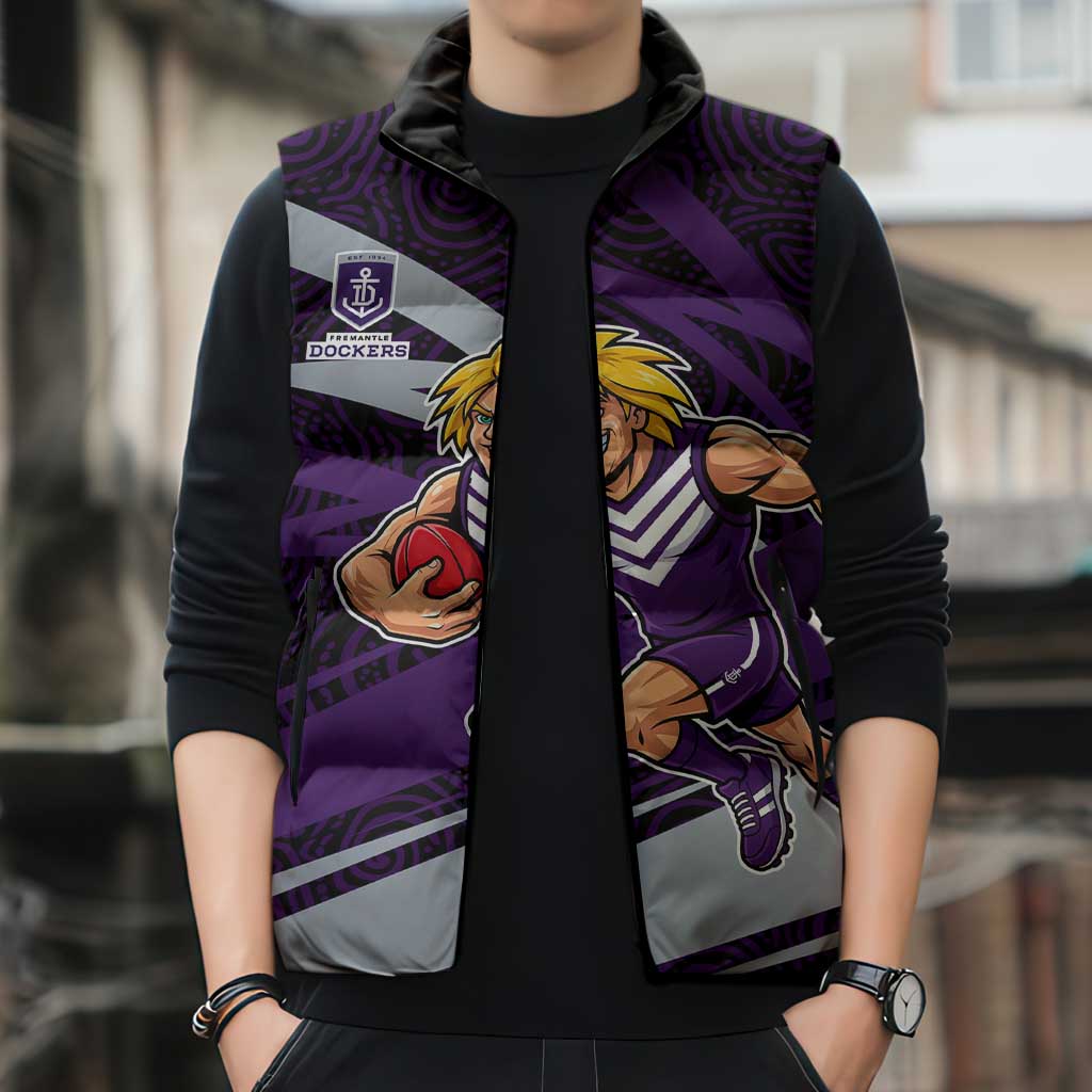 Fremantle Dockers Australian Football Sleeveless Puffer Jacket Athletic Hero Mascot With Indigenous Pattern Art