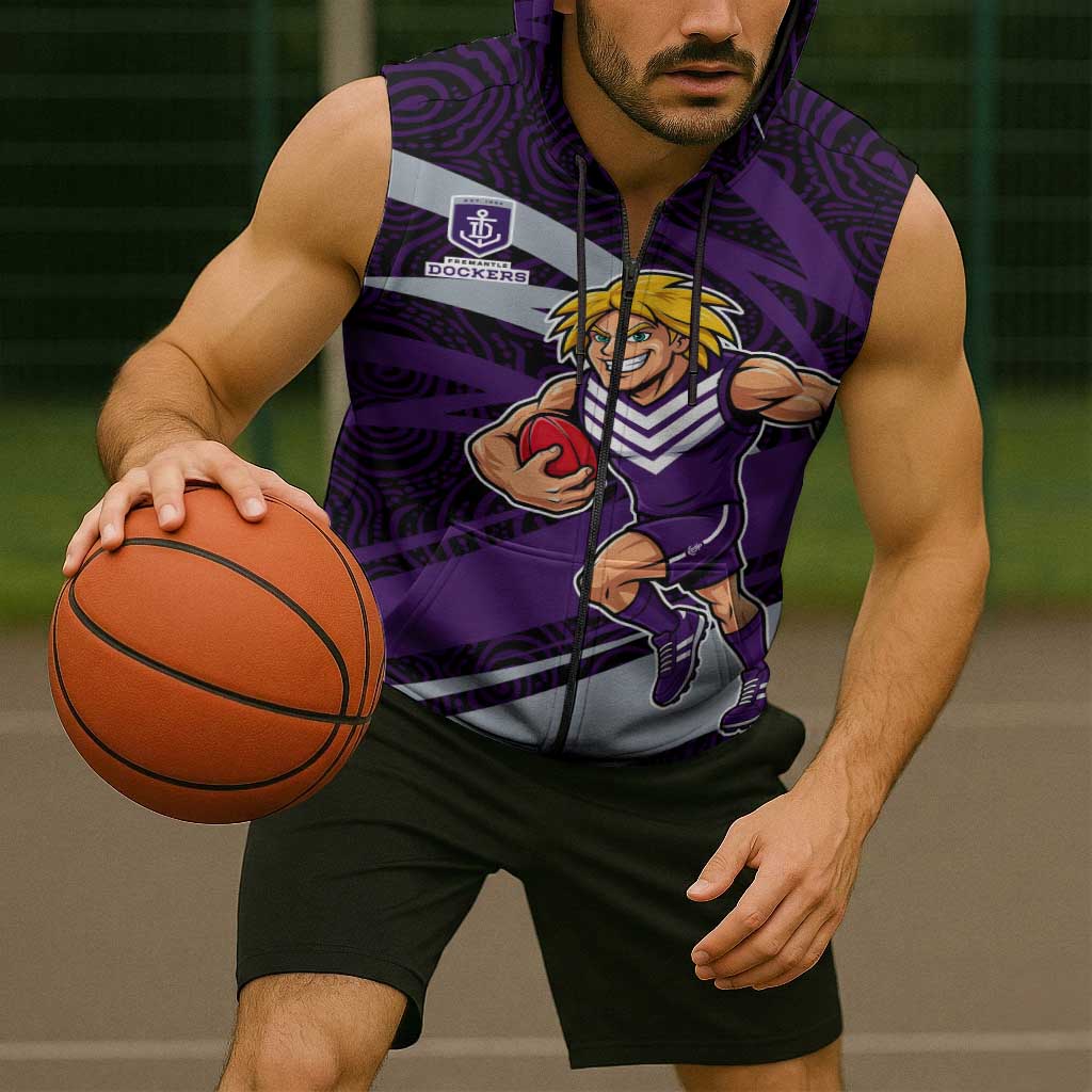 Fremantle Dockers Australian Football Sleeveless Zip Hoodie Athletic Hero Mascot With Indigenous Pattern Art