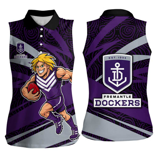 Fremantle Dockers Australian Football Women Sleeveless Polo Shirt Athletic Hero Mascot With Indigenous Pattern Art