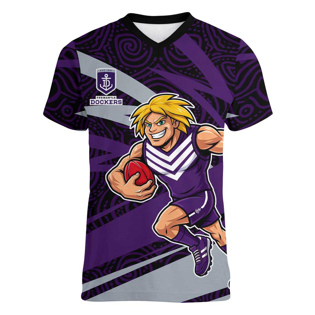 Fremantle Dockers Australian Football Women V-Neck T-Shirt Athletic Hero Mascot With Indigenous Pattern Art