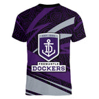 Fremantle Dockers Australian Football Women V-Neck T-Shirt Athletic Hero Mascot With Indigenous Pattern Art