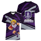 Fremantle Dockers Australian Football Women V-Neck T-Shirt Athletic Hero Mascot With Indigenous Pattern Art