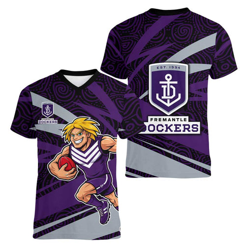 Fremantle Dockers Australian Football Women V-Neck T-Shirt Athletic Hero Mascot With Indigenous Pattern Art