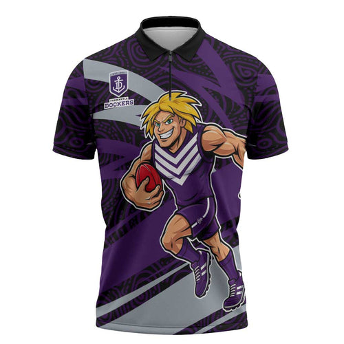 Fremantle Dockers Australian Football Zipper Polo Shirt Athletic Hero Mascot With Indigenous Pattern Art