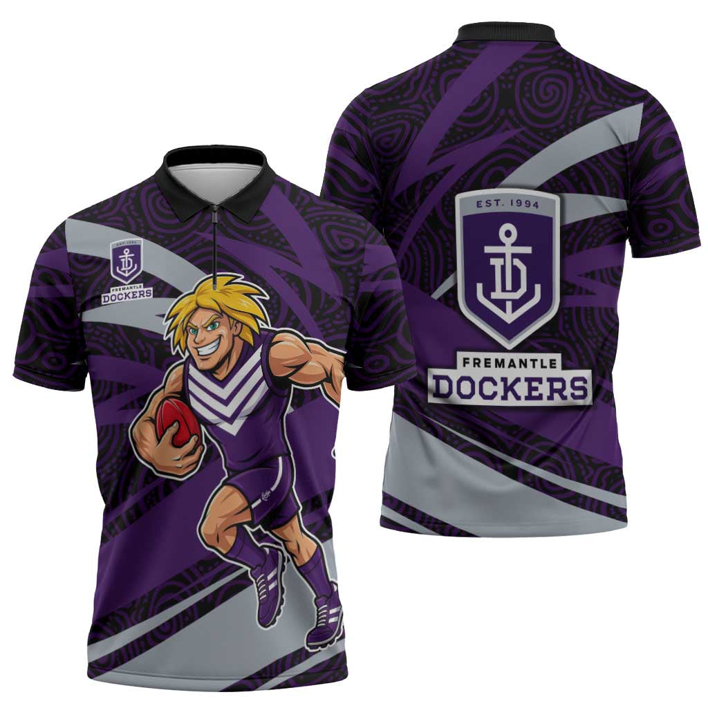 Fremantle Dockers Australian Football Zipper Polo Shirt Athletic Hero Mascot With Indigenous Pattern Art