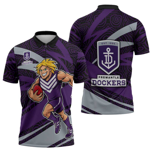 Fremantle Dockers Australian Football Zipper Polo Shirt Athletic Hero Mascot With Indigenous Pattern Art