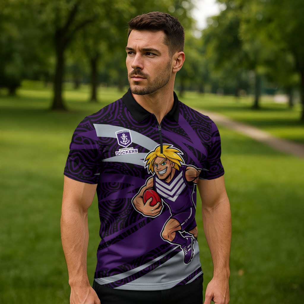Fremantle Dockers Australian Football Zipper Polo Shirt Athletic Hero Mascot With Indigenous Pattern Art