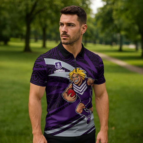 Fremantle Dockers Australian Football Zipper Polo Shirt Athletic Hero Mascot With Indigenous Pattern Art