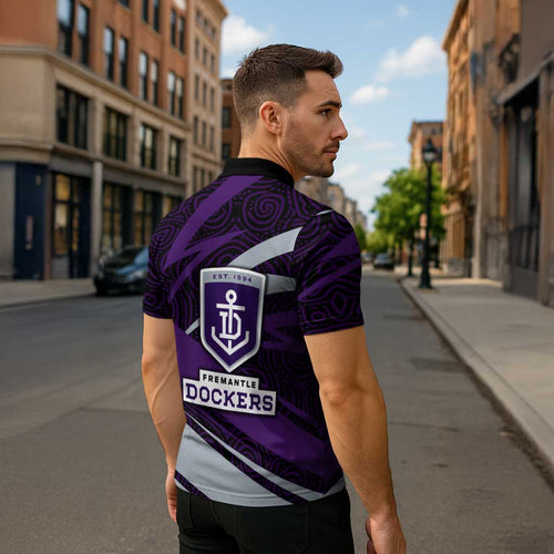 Fremantle Dockers Australian Football Zipper Polo Shirt Athletic Hero Mascot With Indigenous Pattern Art