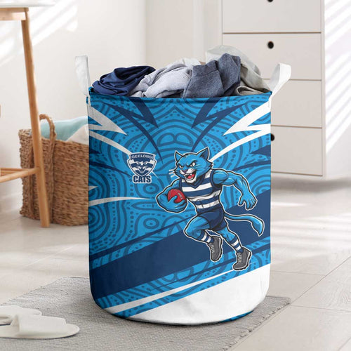 Geelong Cats Australian Football Laundry Basket Fierce Cat Mascot With Indigenous Pattern Art