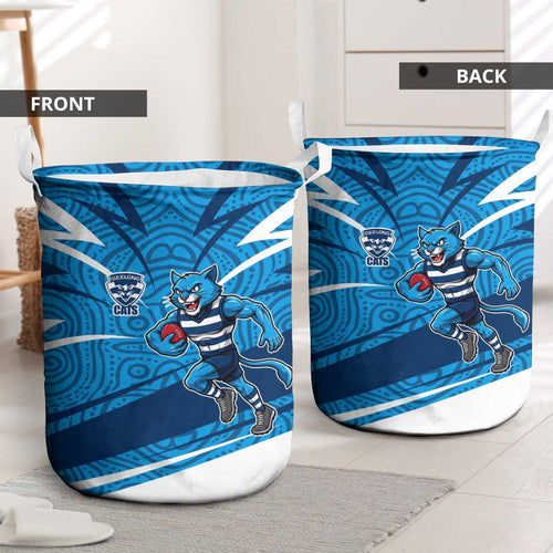 Geelong Cats Australian Football Laundry Basket Fierce Cat Mascot With Indigenous Pattern Art