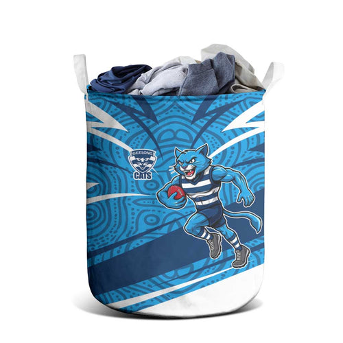 Geelong Cats Australian Football Laundry Basket Fierce Cat Mascot With Indigenous Pattern Art