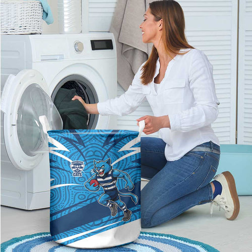 Geelong Cats Australian Football Laundry Basket Fierce Cat Mascot With Indigenous Pattern Art
