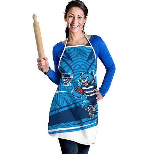 Geelong Cats Australian Football Apron Fierce Cat Mascot With Indigenous Pattern Art