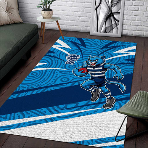 Geelong Cats Australian Football Area Rug Fierce Cat Mascot With Indigenous Pattern Art