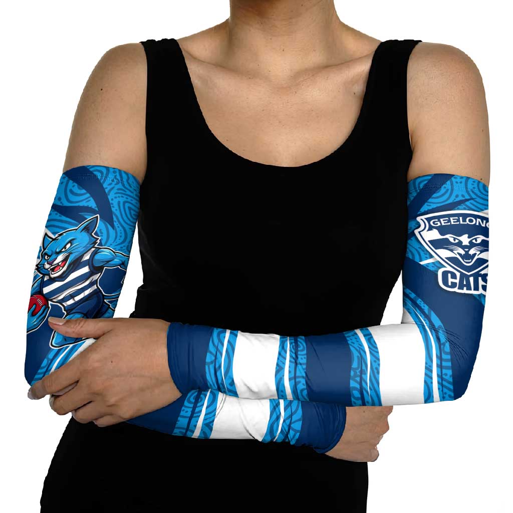 Geelong Cats Australian Football Arm Sleeves Fierce Cat Mascot With Indigenous Pattern Art