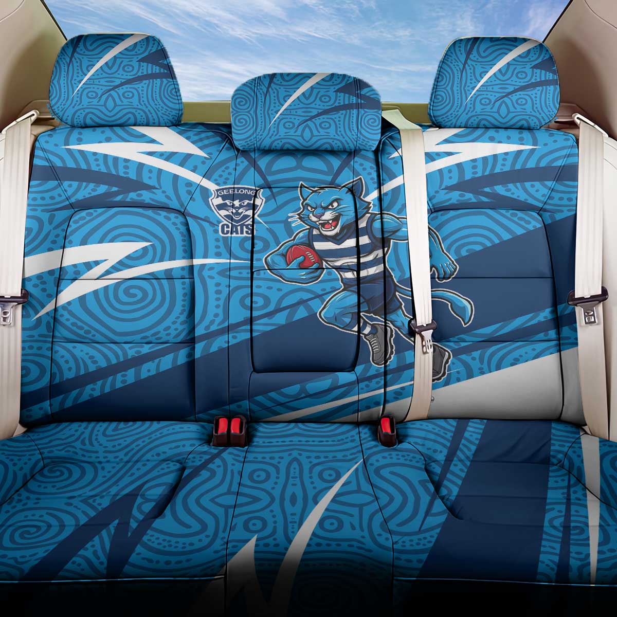 Geelong Cats Australian Football Back Car Seat Cover Fierce Cat Mascot With Indigenous Pattern Art