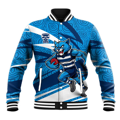 Geelong Cats Australian Football Baseball Jacket Fierce Cat Mascot With Indigenous Pattern Art
