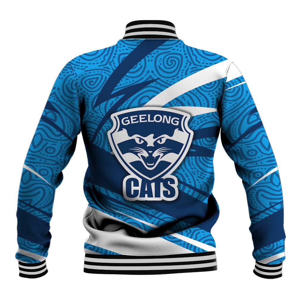 Geelong Cats Australian Football Baseball Jacket Fierce Cat Mascot With Indigenous Pattern Art