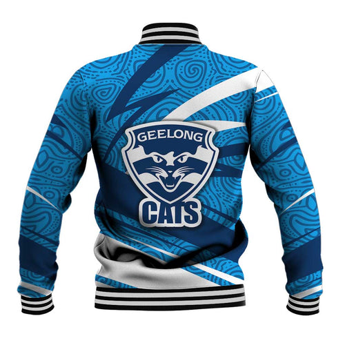Geelong Cats Australian Football Baseball Jacket Fierce Cat Mascot With Indigenous Pattern Art
